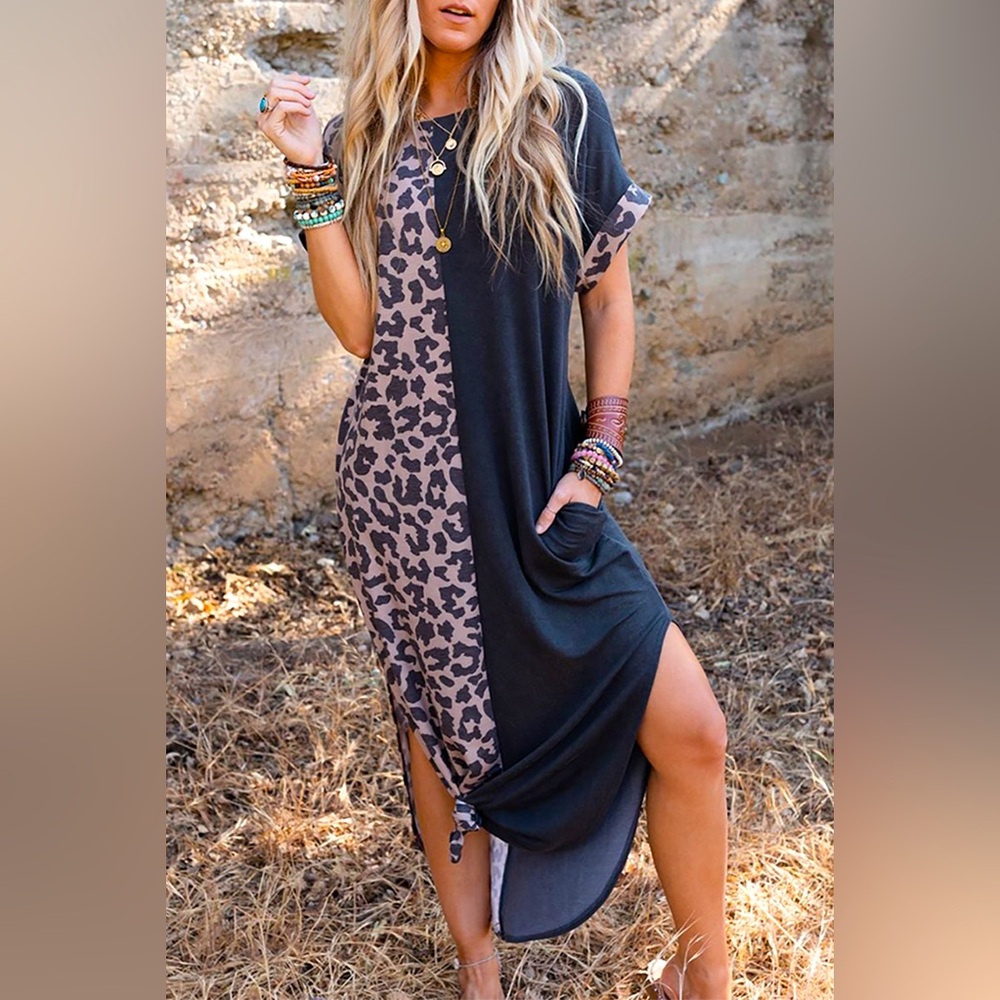 Black Leopard Patchwork Casual T-Shirt Dress With Slits - Size XL